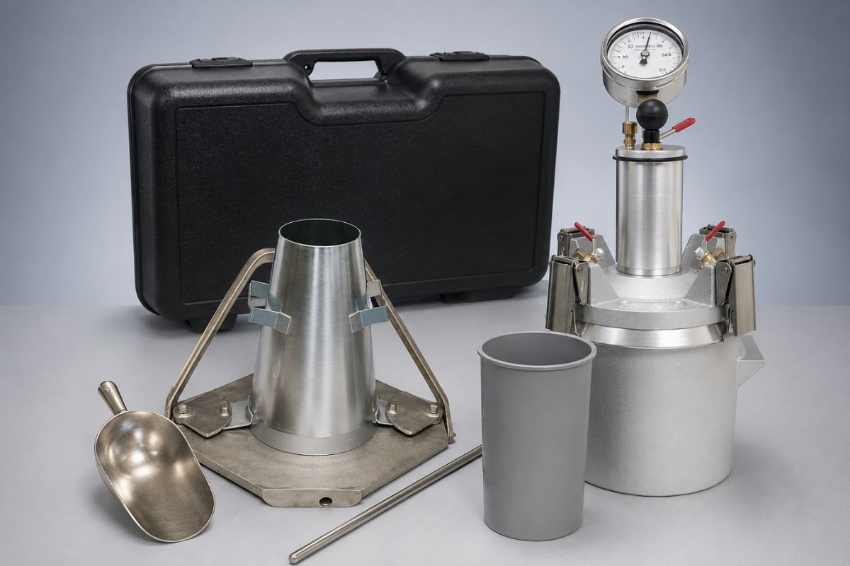 Concrete field testing equipment kit with slump cone, air meter, and cylinder mold