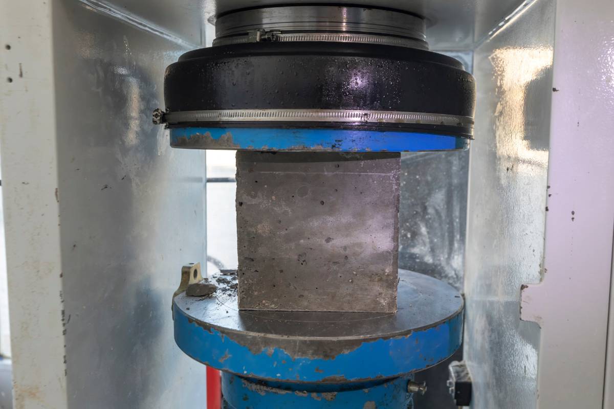 Concrete cylinder undergoing compressive strength testing in a compression machine