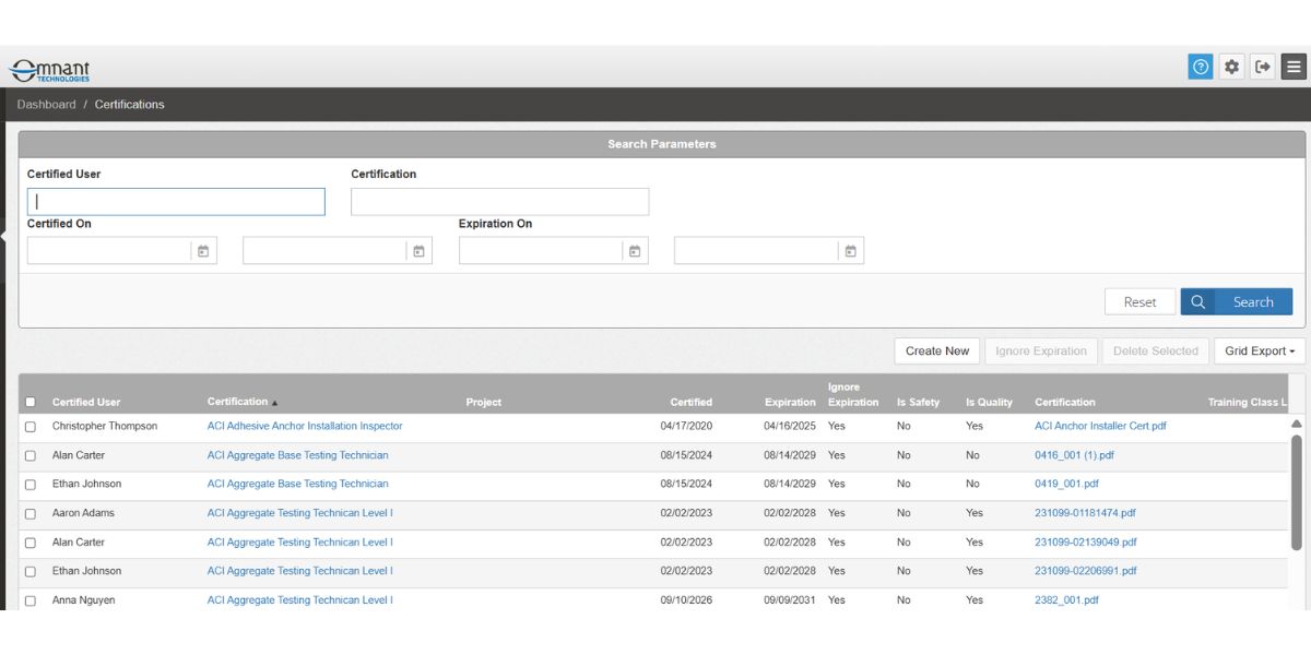 Omnant certifications screen listing each technician, certification, certified date, and expiration date