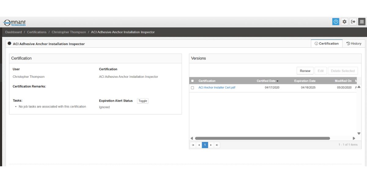 Omnant certification record showing a technician's credential, version history, renewal option, and expiration alert status