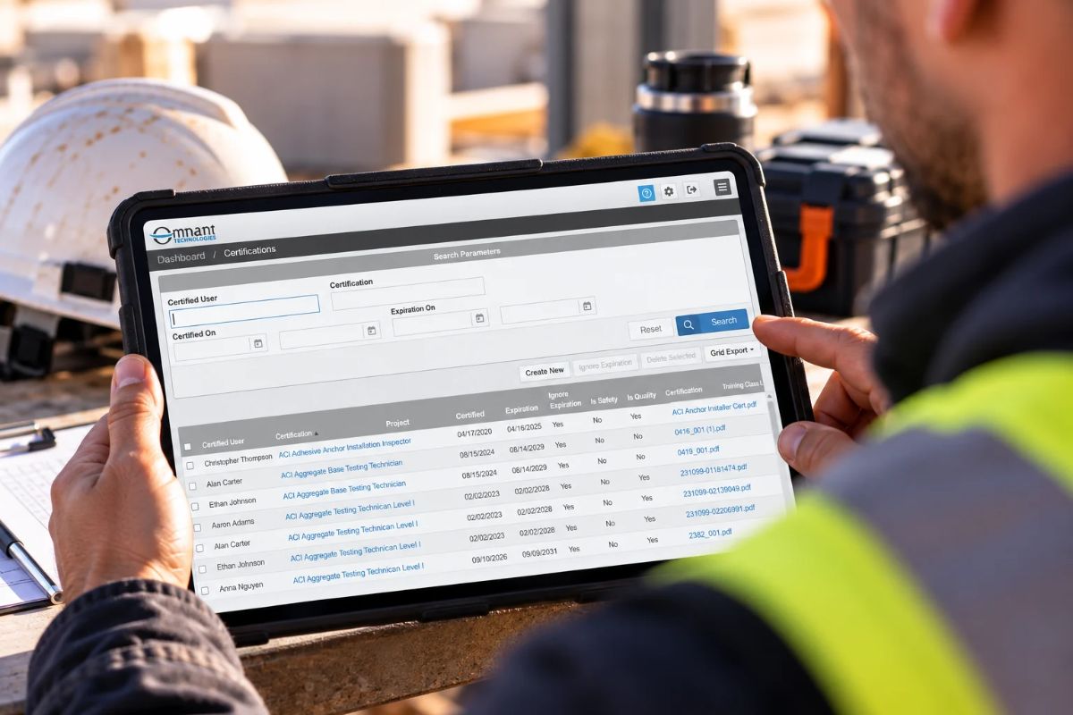 Technician reviewing employee certification tracking in Omnant on a tablet