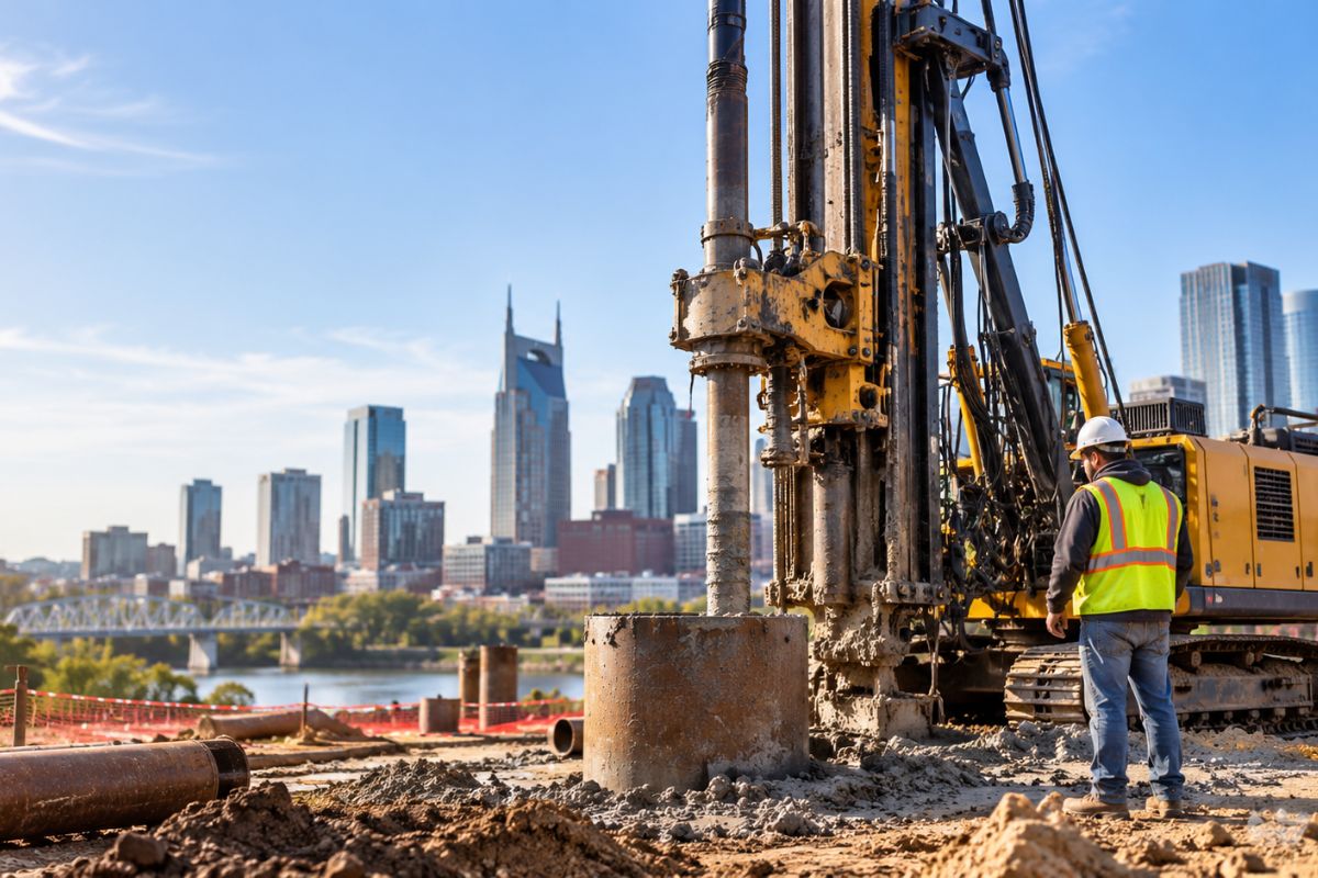 Technician overseeing a geotechnical drilling rig at a construction site.