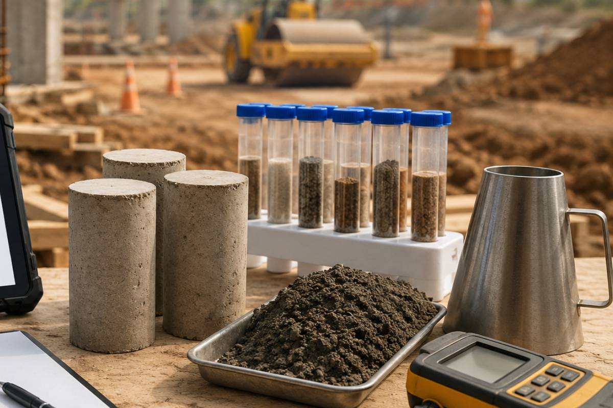 Construction materials testing samples including concrete cylinders, soil, and aggregate tubes on a job site