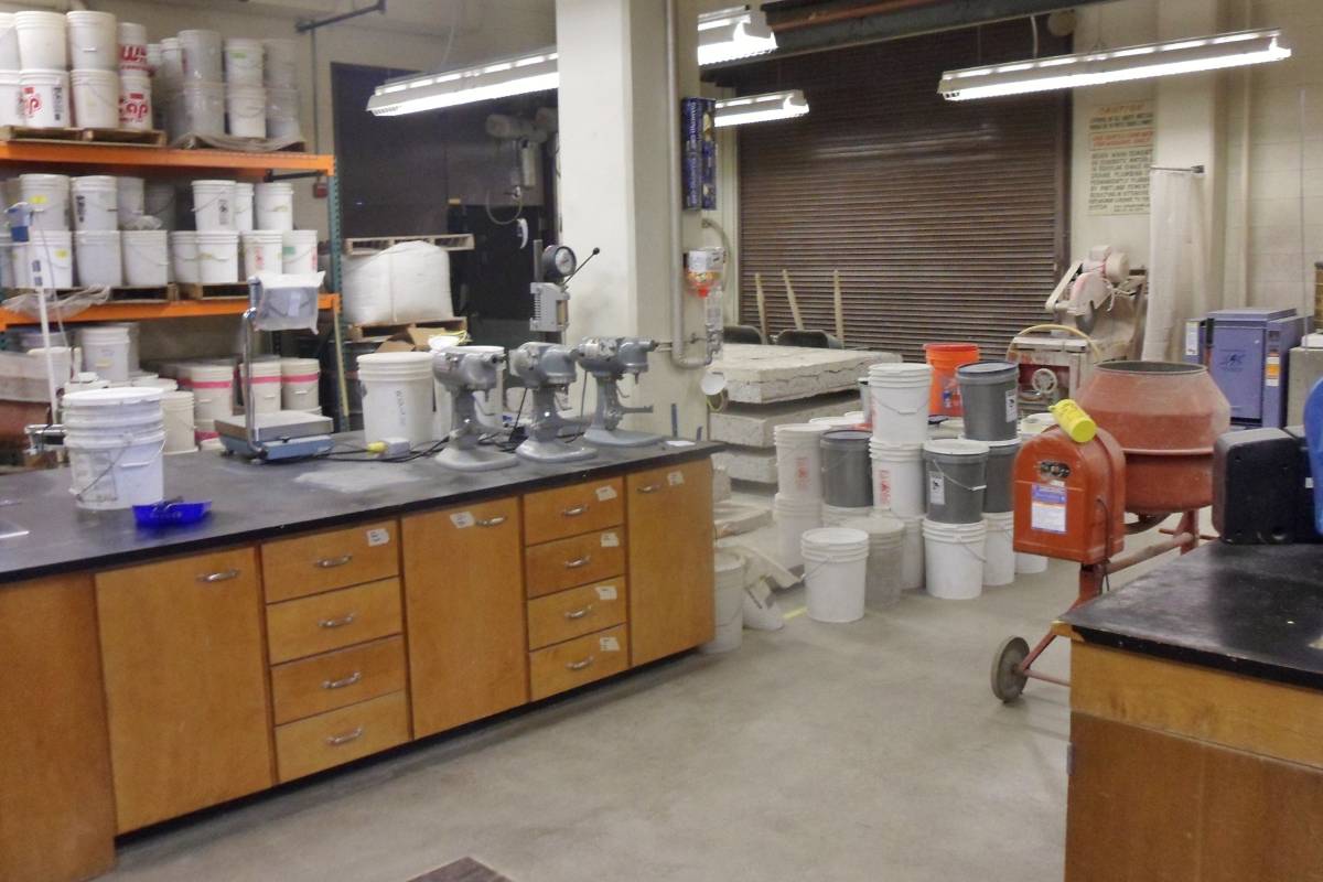 Construction testing laboratory with various equipment