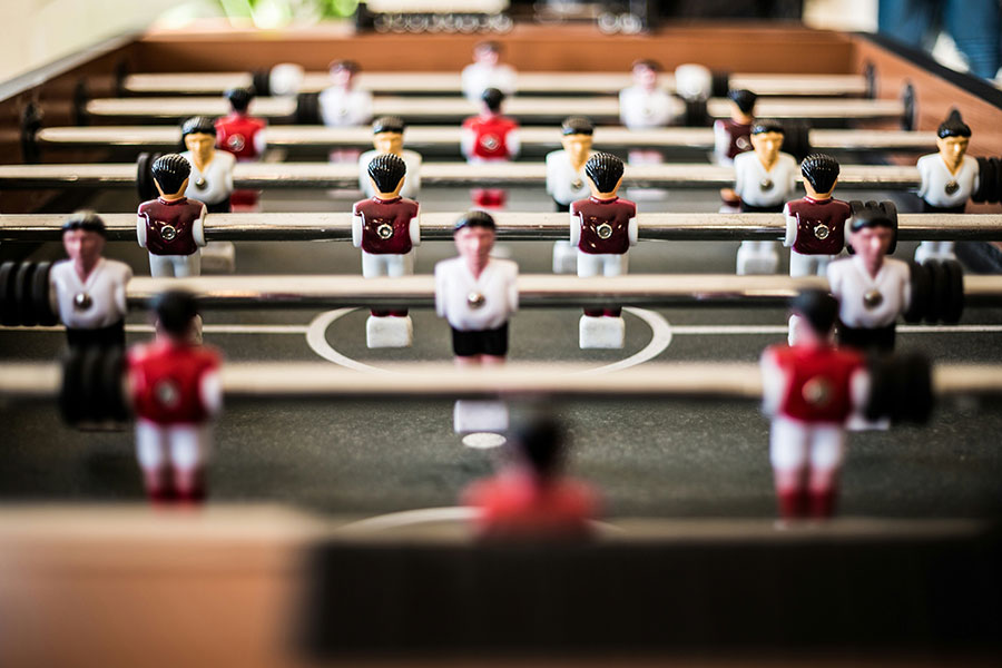 closeup of a foosball table